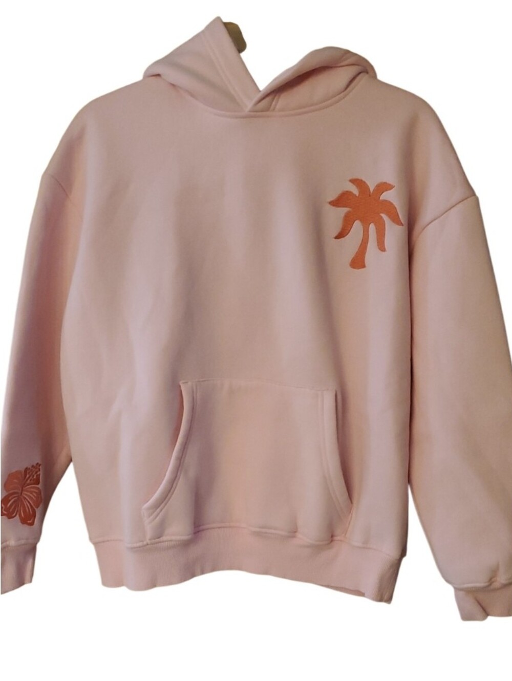 Pink Palm Puff Soft Pink Coral Hoodie with Coral Palm Embroidered Graphic XS
